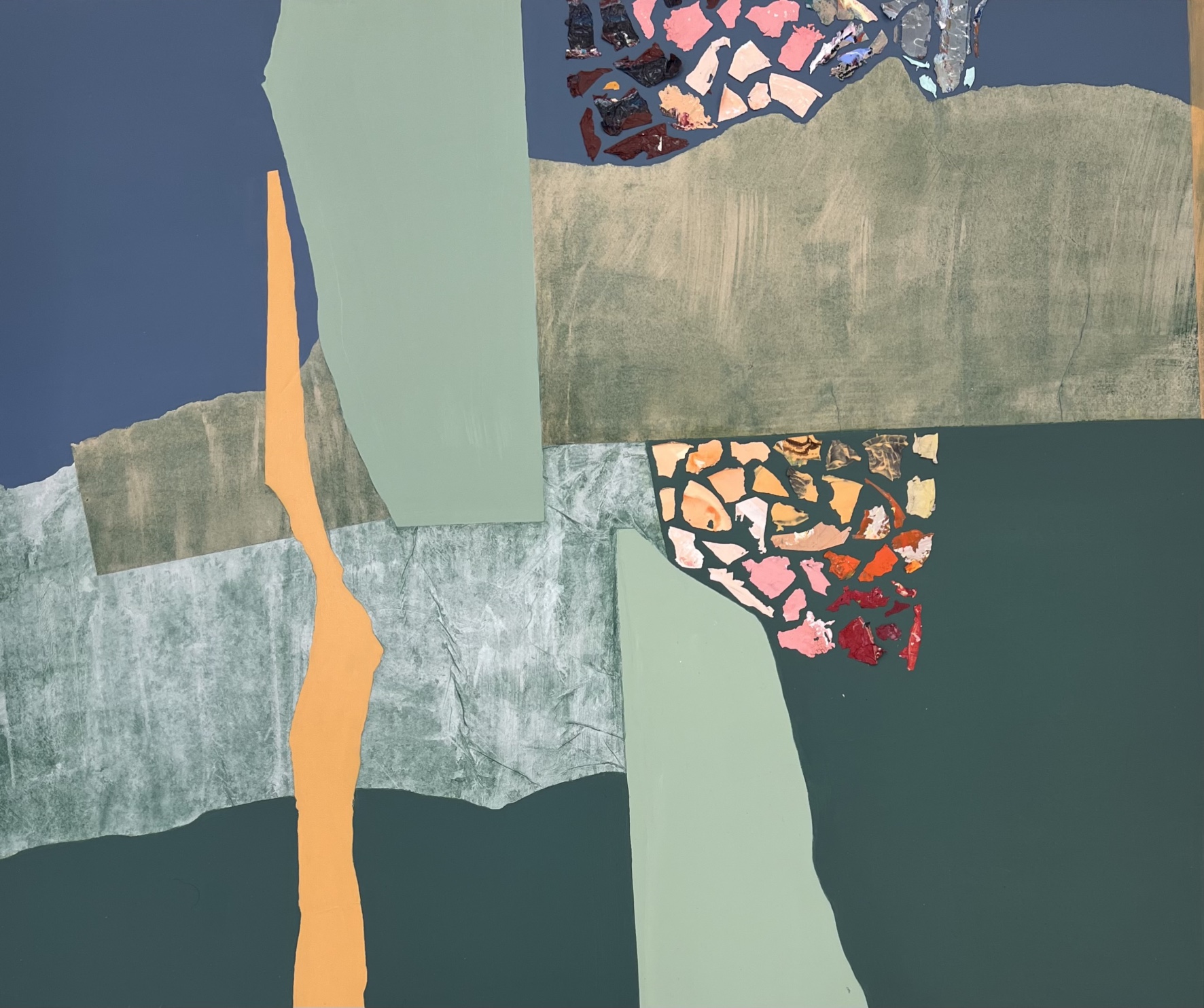 Dissolution in Space III, 2025 - Acryl und Collage auf Leinwand, 100 × 120 cm